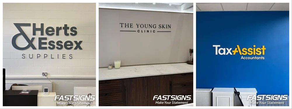 A collage of interior signage, including Tax Assist Accountants, Herts Essex Supplies, and The Young Skin Clinic.